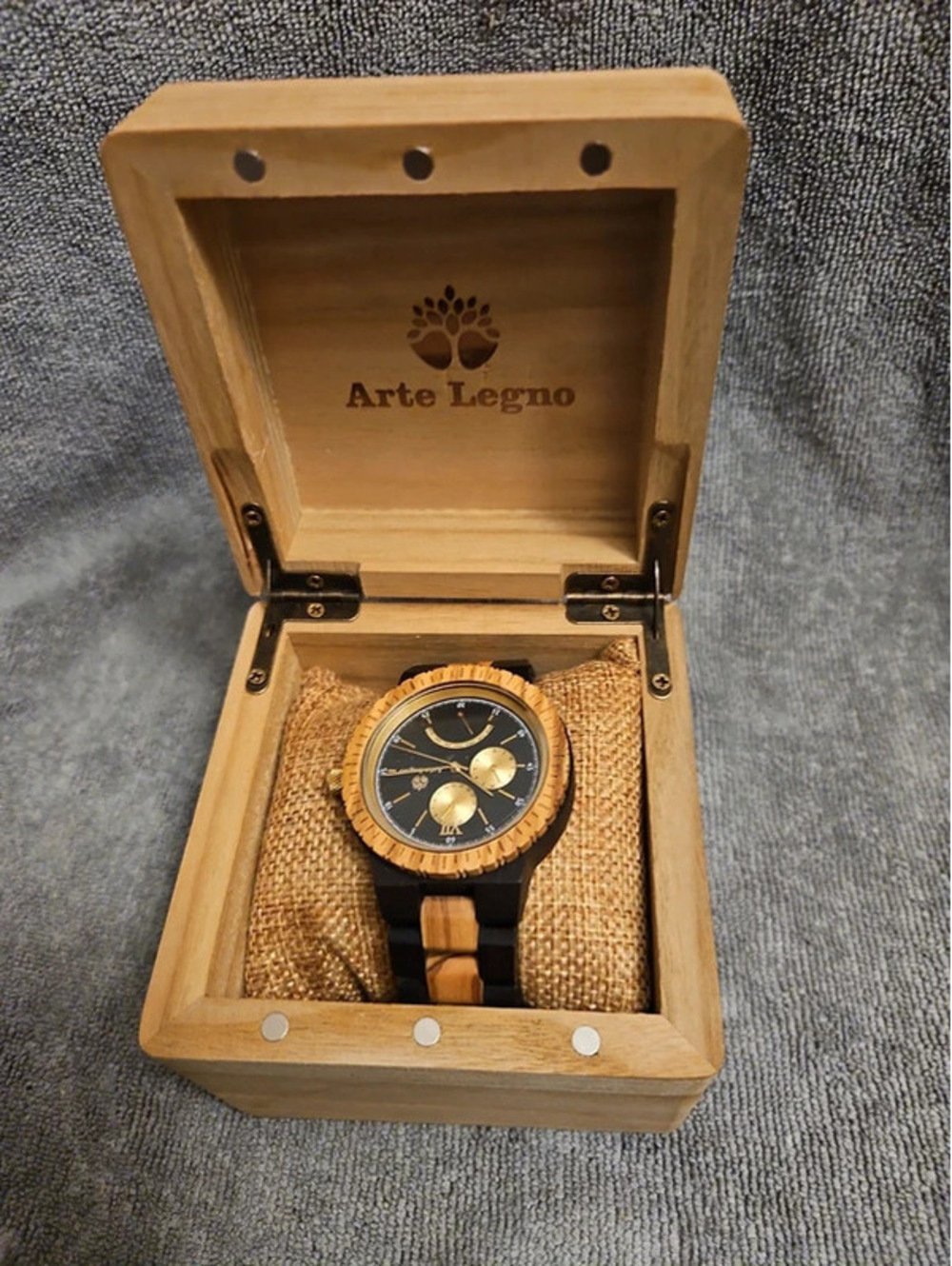 Arte Legno Women's Italian Olive Wood Quartz Watch Black Brown Gift Box